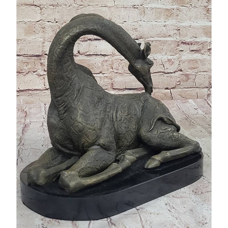 African Graceful Giraffe Sitting Bronze Sculpture Figurine Signed Marble Base