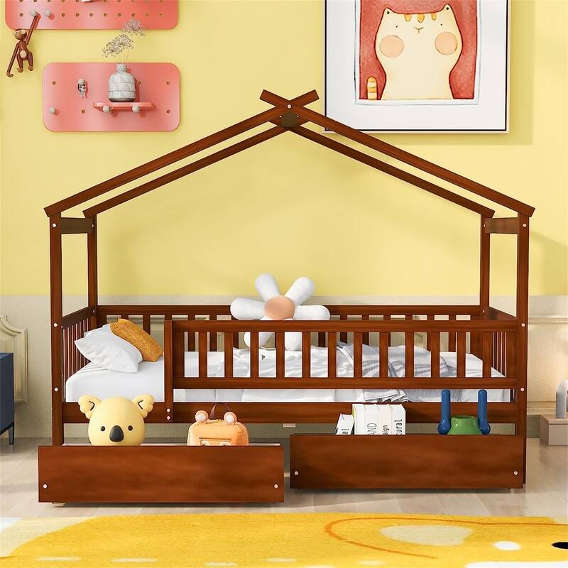 Twin House Bed with 2 Storage Drawers,Rails and Roof for Kids - Walnut