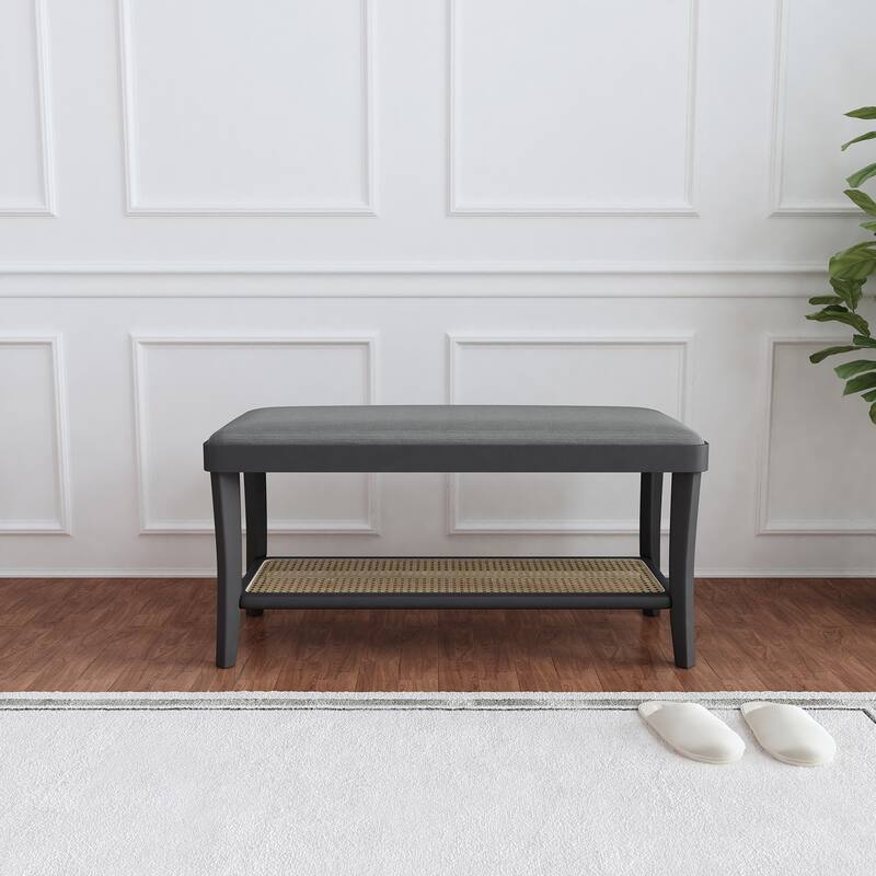 Maisy 15-Inch Solid Rectangle Bench - Gray Velvet w/ Birch wood legs+Natural rattan shelve