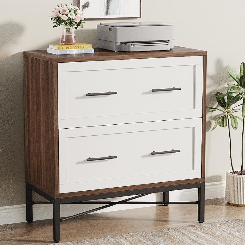 32 Inch File Cabinet, Modern 2 Drawer Lateral Filing Cabinet for Letter/Legal/A4 Size, for Home Office, White Gold