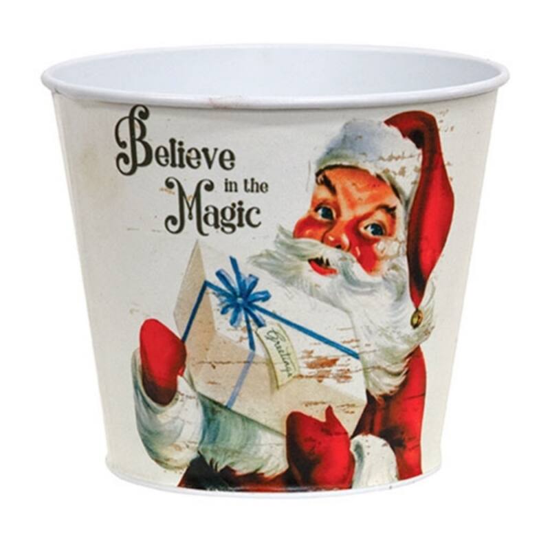 Vintage Santa White Metal Bucket Believe in the Magic Design - White