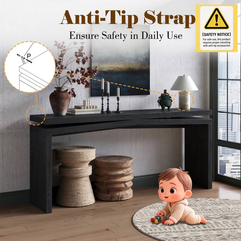 65-Inch Solid Wood Veneer Console Table, Long Farmhouse Entryway Sofa Table for Living Room, Hallway, Behind Couch