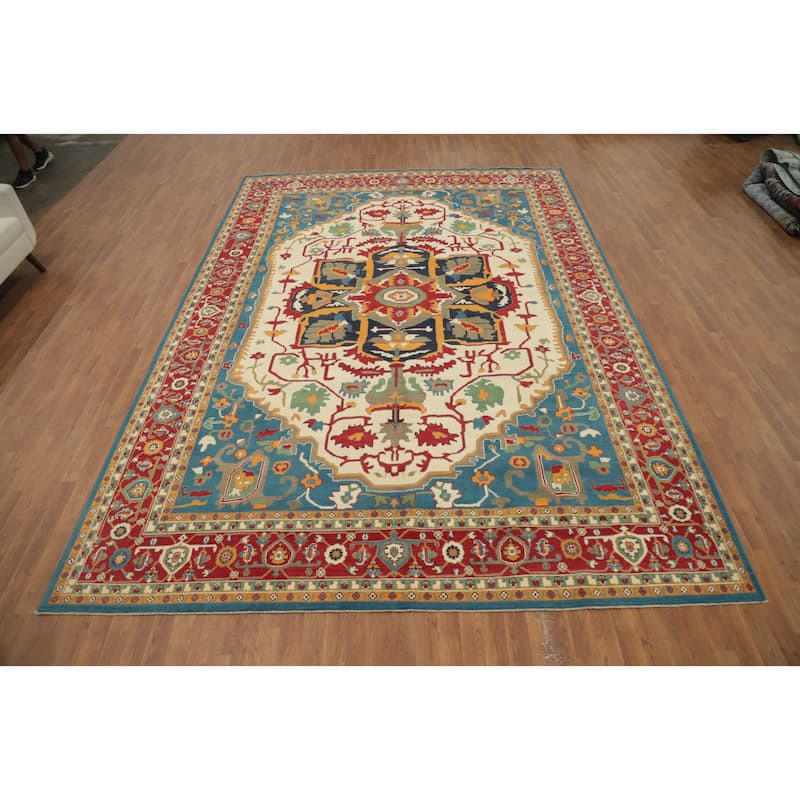 Hand Knotted Oriental 100% Wool Carpet Traditional Medallion Beige & Ivories Heriz (serapi) Area Rug - 13' 10'' X 9' 7''