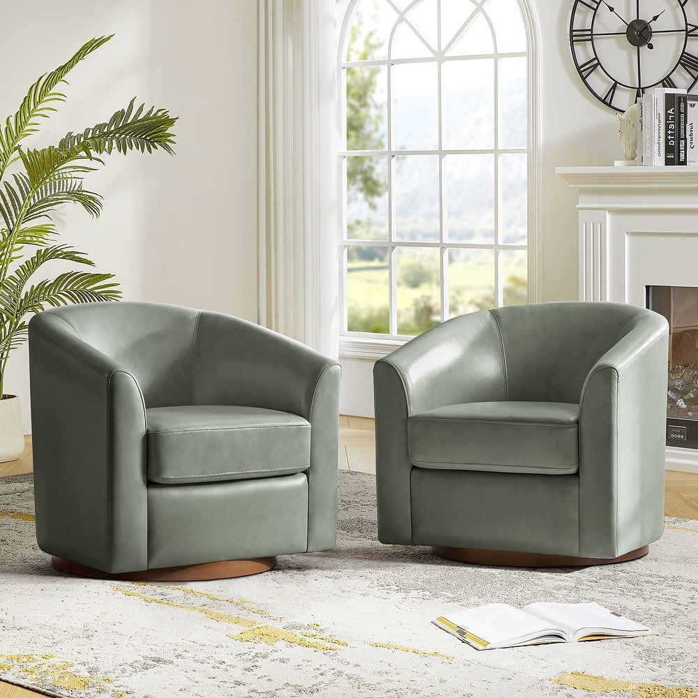 Althea Modern Genuine Leather Swivel Barrel Chair with Solid Wood Base Set of 2 By HULALA HOME