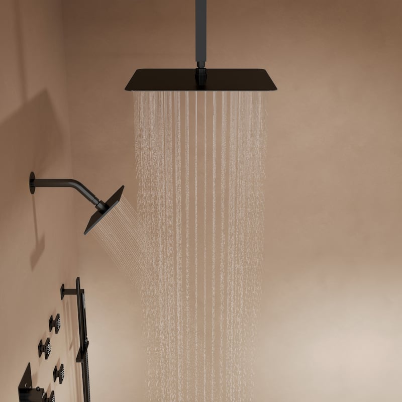 GRANDJOY Shower System 16 inch Rainfall Ceiling and 6 inch Wall Mount Dual Shower Head Handheld Spray Slide Bar Thermostatic