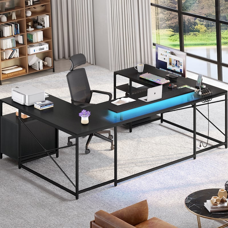 Moasis U-Shaped L-Shaped LED Computer Desk Reversible Corner Home Office Gaming Desk with Power Outlets