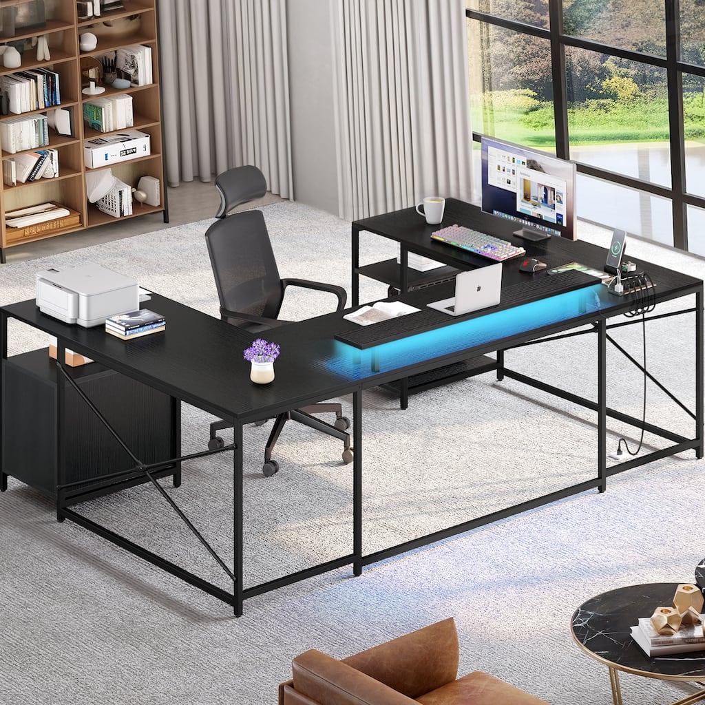 Moasis U Shaped Reversible Computer Desk with Drawers and Storage Shelves LED Ofiice Desk