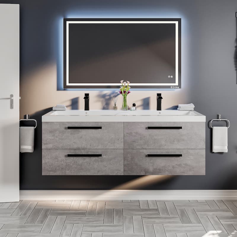 Eviva Surf 57"W Concrete Gray Wall Mount DS Bath Vanity with Acrylic Top