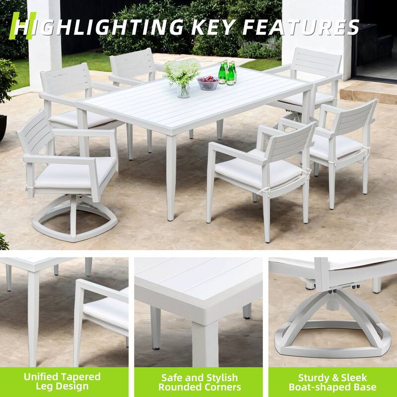 7PC Patio Aluminum Furniture, Modern Dining Set including 4 Dining Chairs & 2 Swivel Rockers Sunbrella Fabric Cushioned