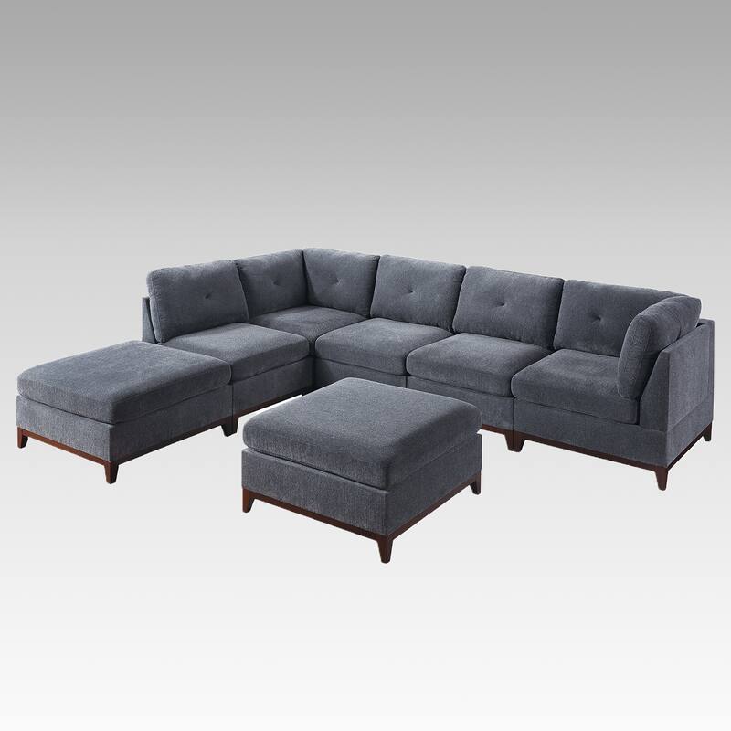 7 Piece Chenille Fabric Modular Sectional Sofa and Ottoman Set