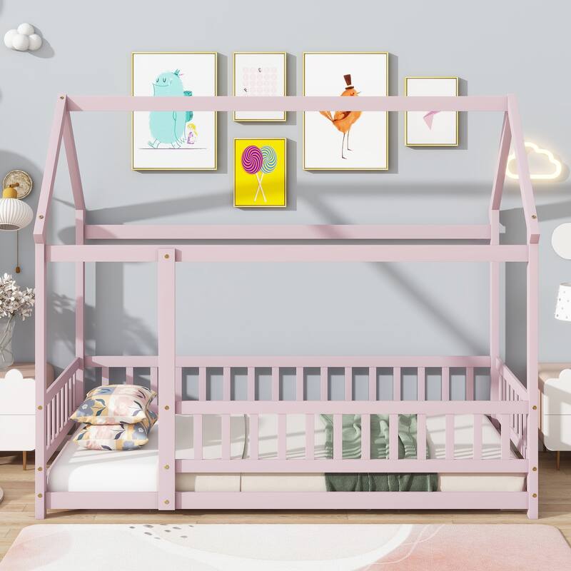Twin Size House Floor Wooden Bed with Roof Frame,Safety Guardrails - Pink
