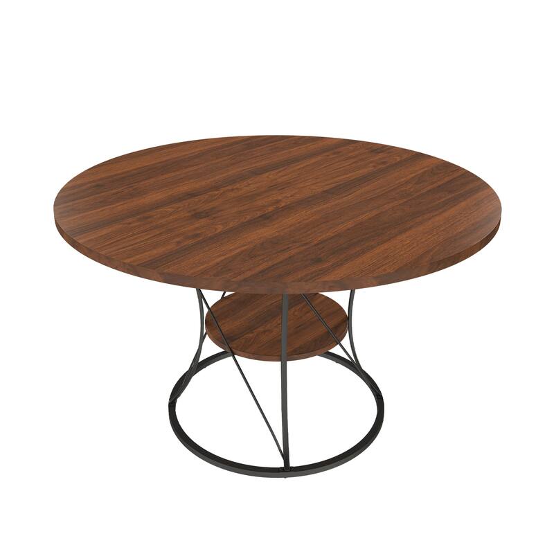 43 to 59 Inch Extendable Round Dining Table for 4-6 - Farmhouse Kitchen Table with Storage Shelf & Metal Base
