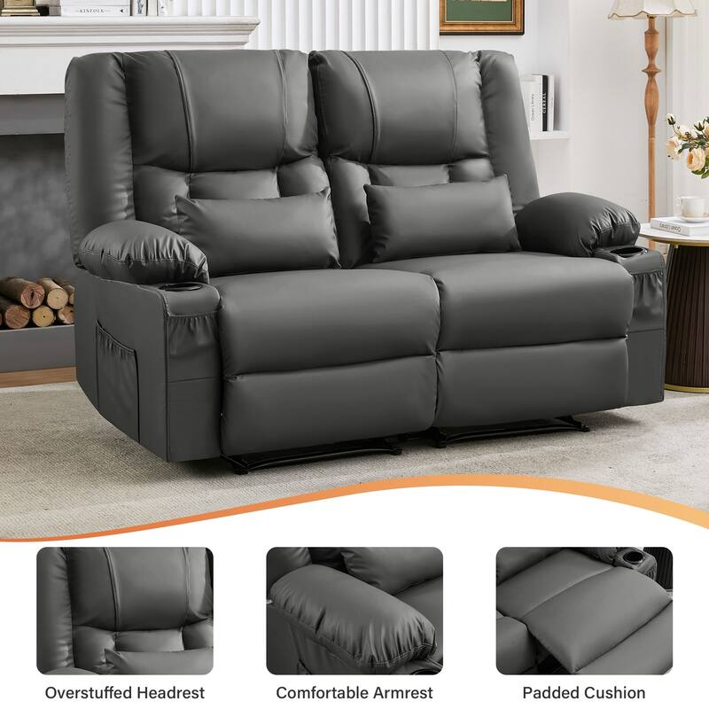 Manual Recliner Loveseat with Massage & Heating, Cup Holders & Side Pocket for Living Room
