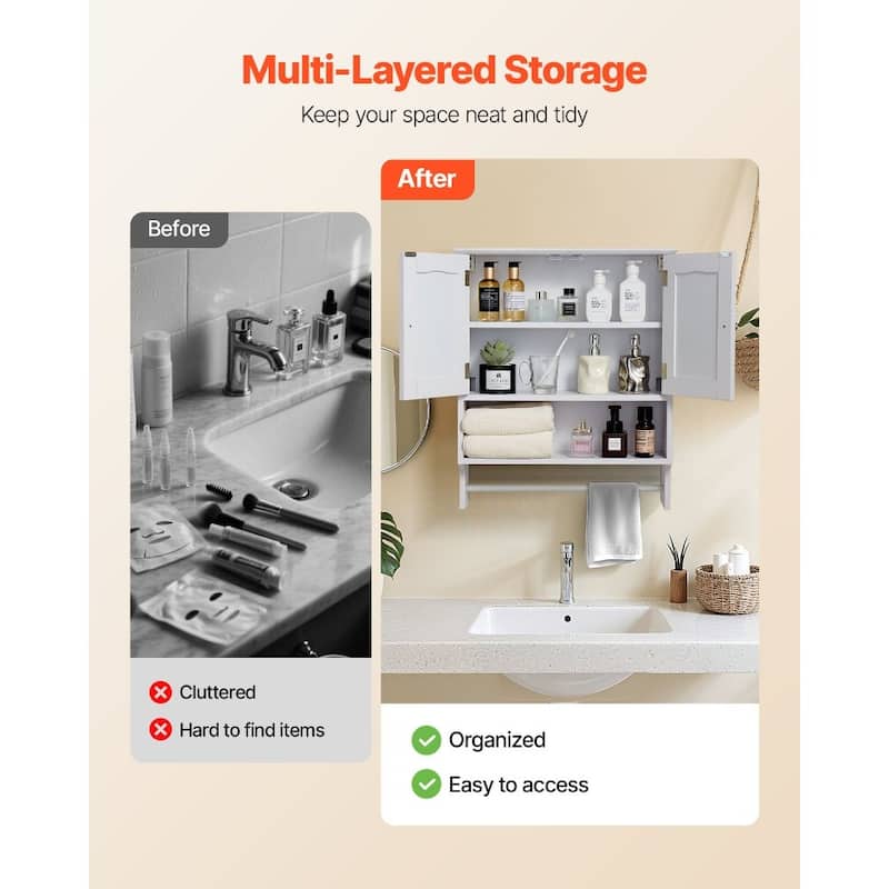 White Wall-Mounted Bathroom Cabinet with Adjustable Shelves and Multi-Layer Storage Towel Bar - 23” x 8” x 27”