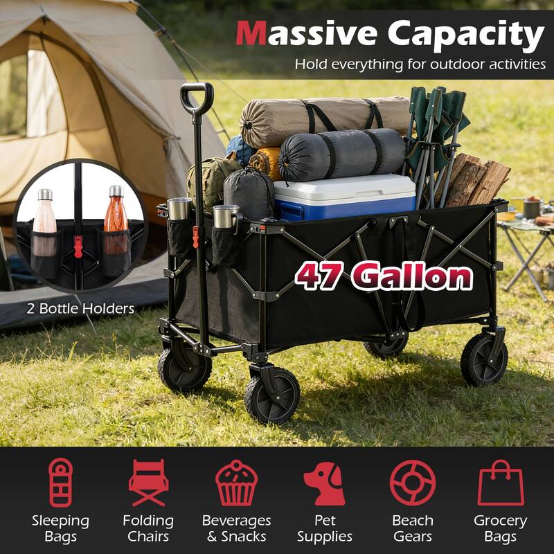 Gymax 38'' Collapsible Wagon Cart w/All-Terrain Wheels 2 Cup Holders