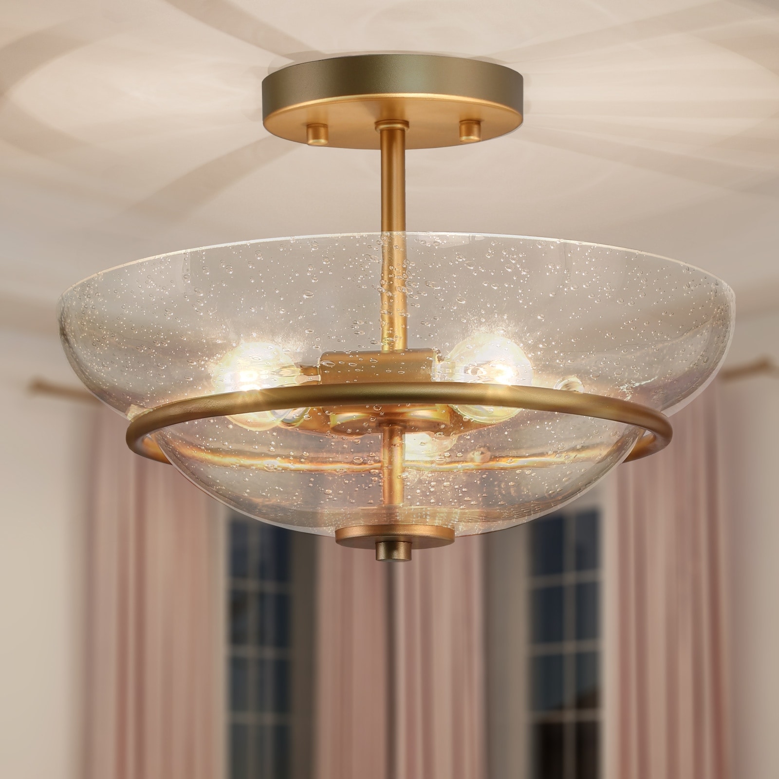 Mid-century Modern Glam Gold 3-Light Farmhouse Bowl Semi-flush Mount with Seeded Glass