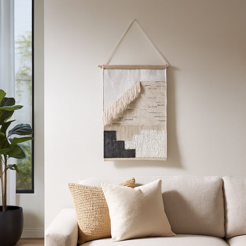 Boho Canvas Wall Hanging with Woven Cotton and Polyester - Ivory/ Tan - 24" x 1" x 36"