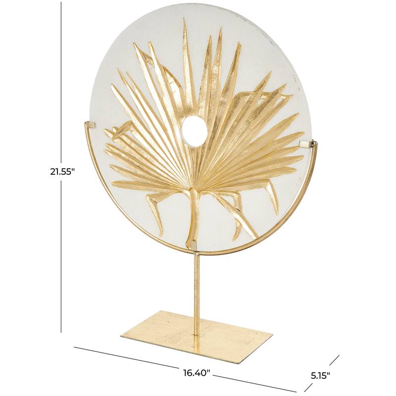 Gold Polystone Round Disk Leaf Decorative Sculpture with Center Cutout and Gold Base