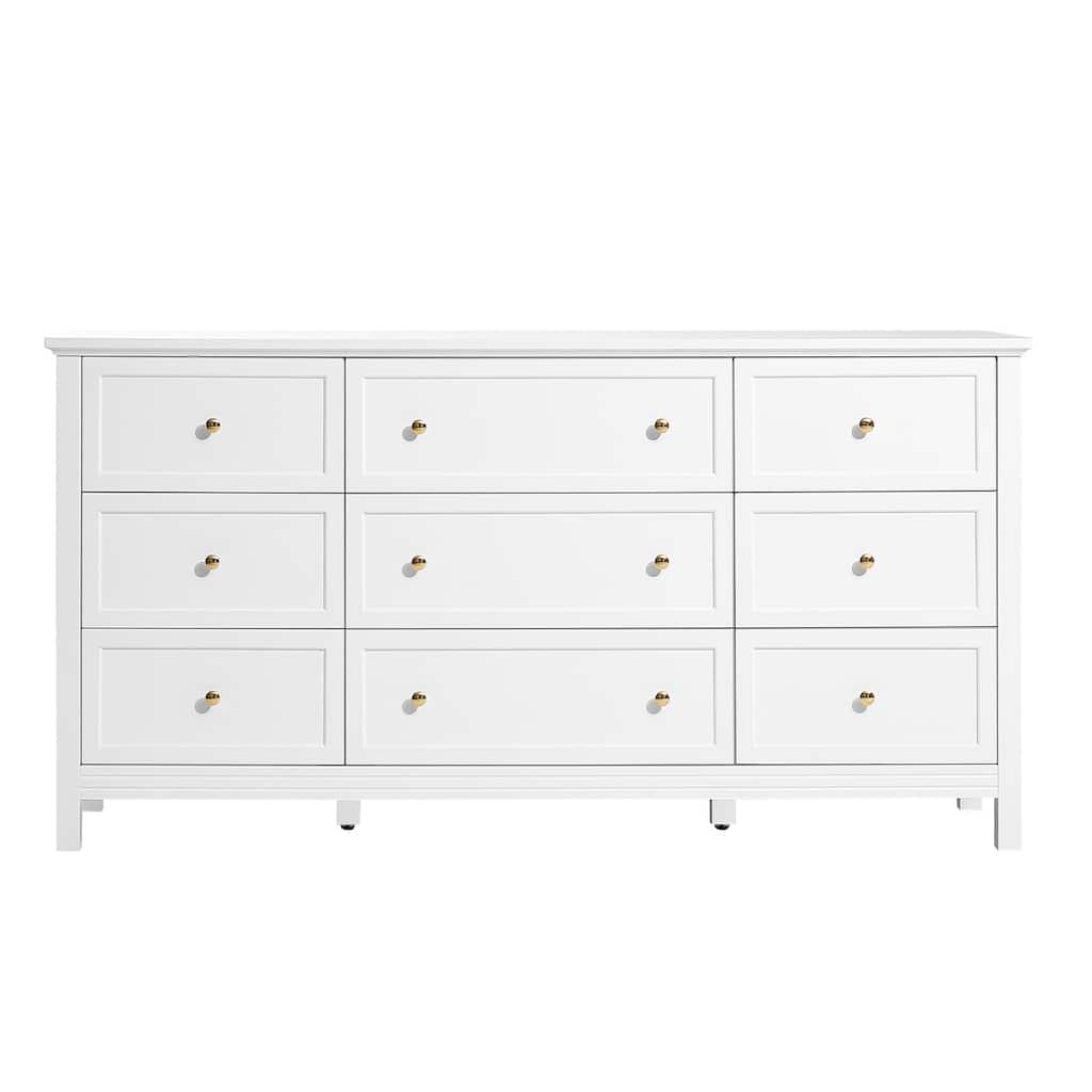 White MDF Particleboard 9 Drawer Dresser with Metal Handles and Large Storage