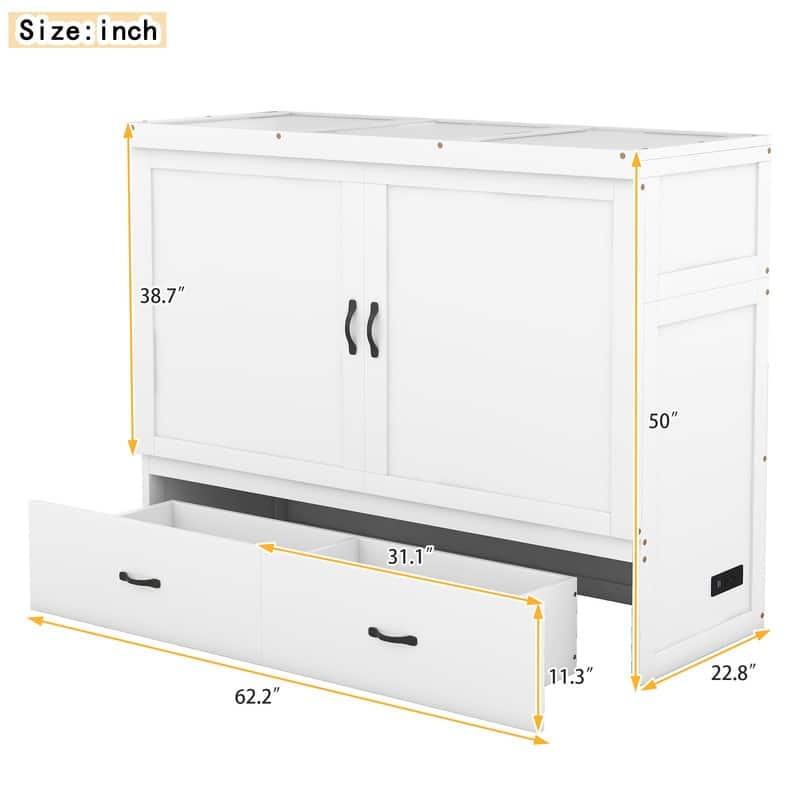 Murphy Bed with USB Port and a Large Drawer,Queen/Full Size