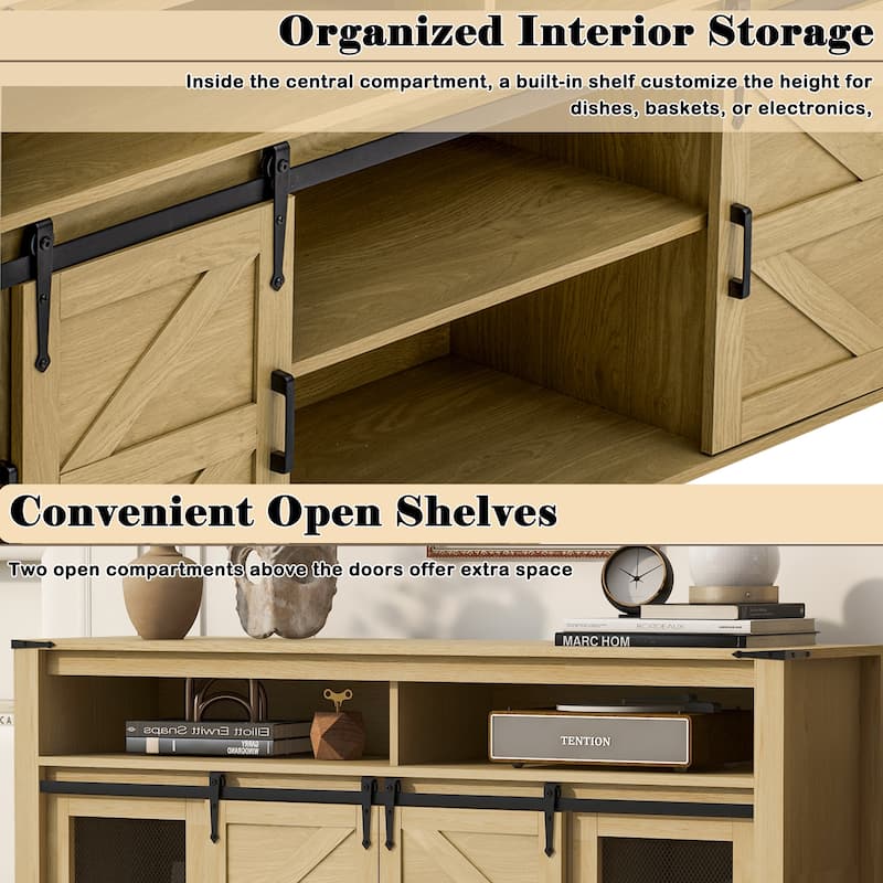 59.3" Farmhouse Sideboard with Sliding Barn Doors & Mesh Panels, Buffet Cabinet with Open Storage for Kitchen or Living Room