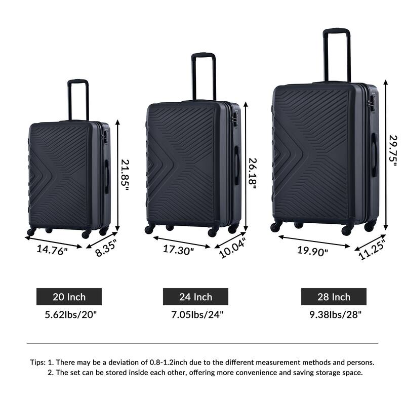 3 Piece Luggage Sets 20"/24"/28" Lightweight Hardshell Suitcase With 2 Hooks, Spinner Wheels, TSA Lock For Travel