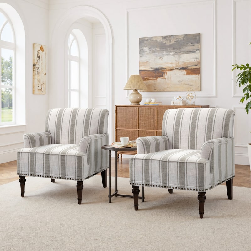 Set of 2 Stripe Linen Accent Arm Chairs with Nailhead Trim and Wood Legs