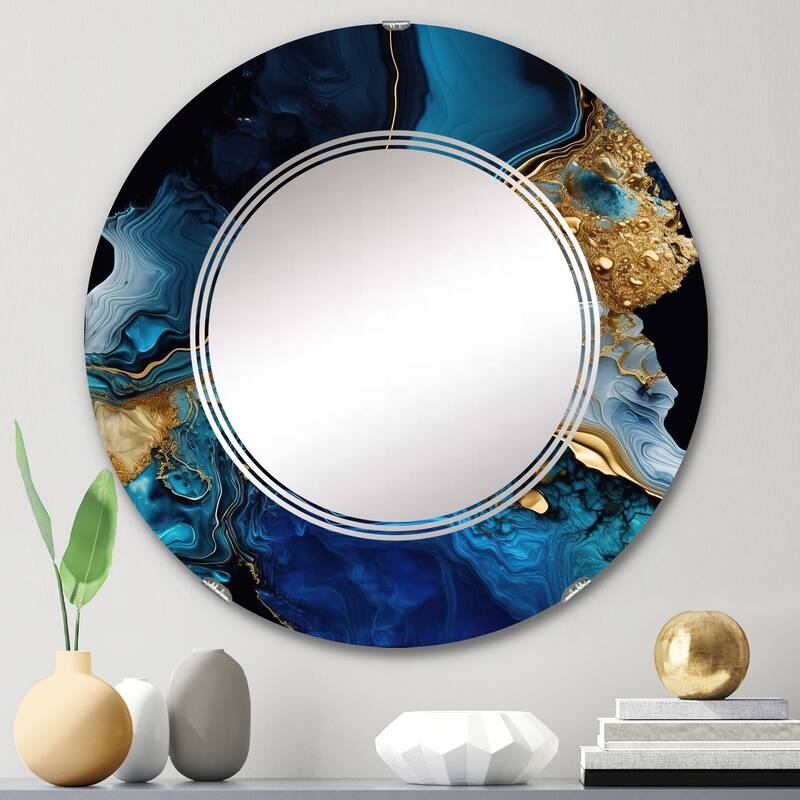 Designart 'Abstract Geode Gold And Blue Marble IV' Printed Abstract Marble Wall Mirror - 24in.x24in.
