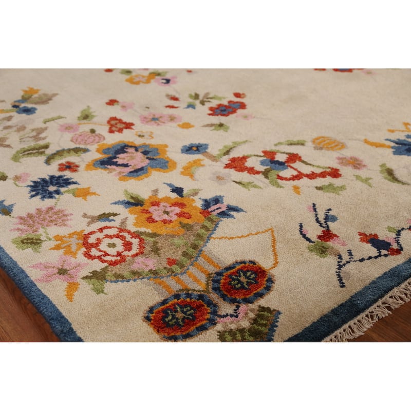 Floral Heriz Serapi Indian Area Rug Handmade Wool Carpet - 7'9" x 9'9" - 7'9" x 9'9" - Ivory/Beige