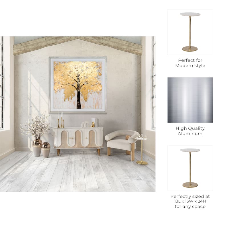 Gold and White 24"H Round Drink Accent Table with Aluminum/Stone Construction for Elegant and Purposeful Living Space