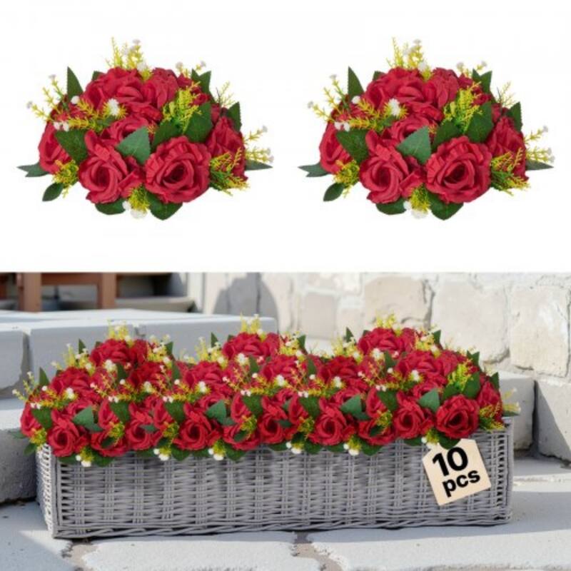 Red Silk Rose Flower Balls Set of 10 with Stable Base for Decor - 9.45 x 9.45 x 4.27 inch