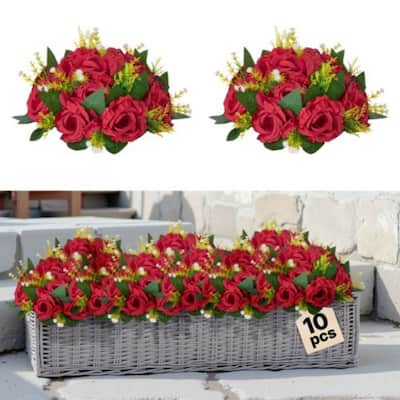 Red Silk Rose Flower Balls Set of 10 with Stable Base for Decor - 9.45 x 9.45 x 4.27 inch