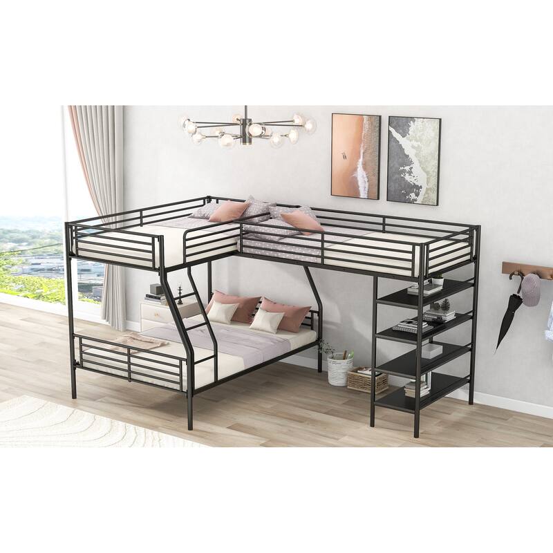L-Shaped Twin over Full Bunk Bed with Twin Loft and Built-in Shelves, Black