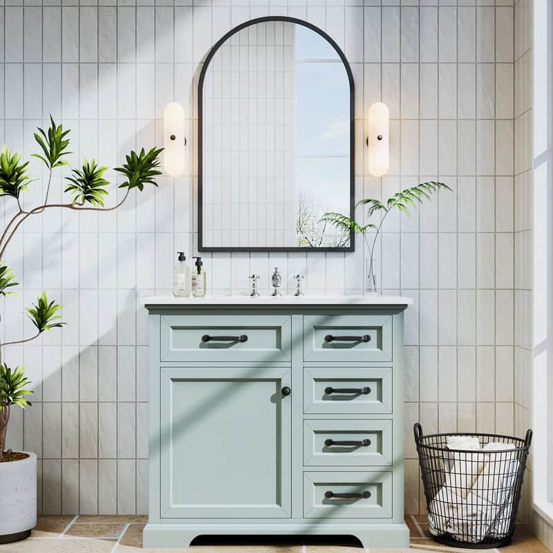 Bathroom Vanity with Top Sink Freestanding Vanity Set with Mirror - Gray + Black