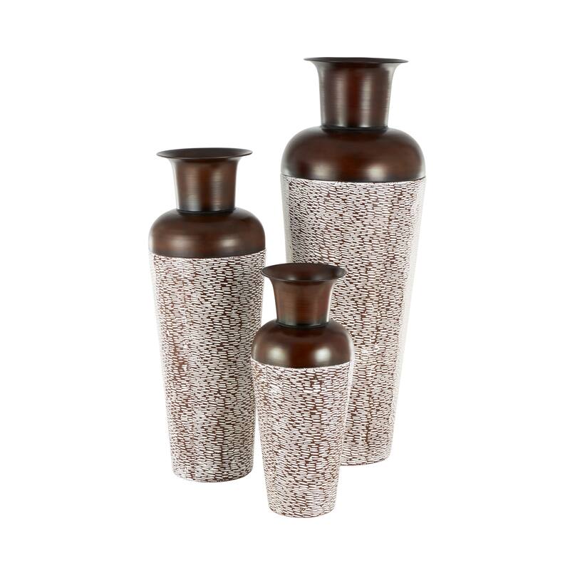 White Metal Tall Floor Vase with Brown Trumpet Tops (Set of 3)