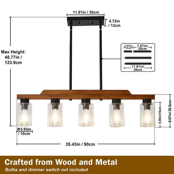 dimension image slide 1 of 2, Farmhouse Linear Chandelier Rustic Wood Kitchen Island Lighting Dining Room Pendant Light Fixture with Seeded Glass Shade