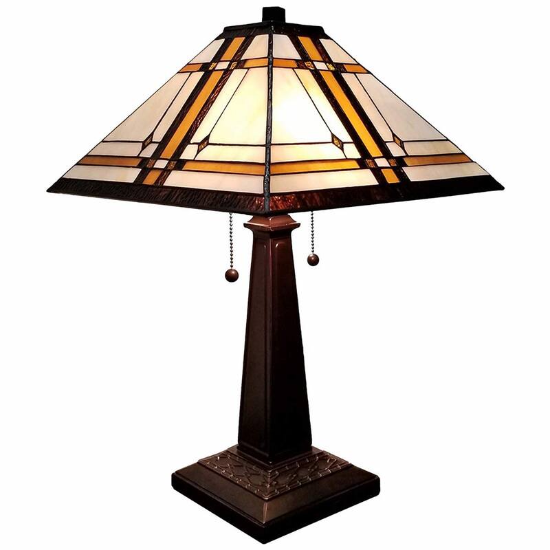 HomeRoots 23" White Amber and Brown Stained Glass Two Light Mission Style Table Lamp - 21 x 22 x 11