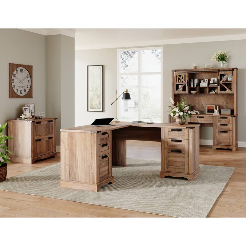 L Shaped Desk, Wood Office Desk with Charging Station, File Drawer
