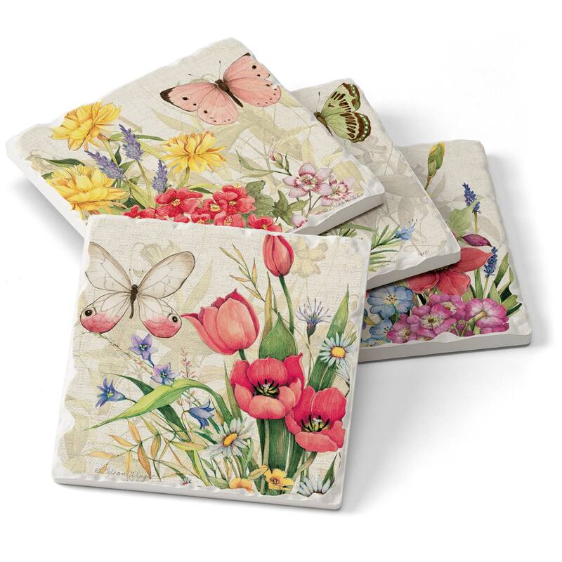 Counterart Absorbent Stone Coasters - Botanical Florals - Set of 4 - 4x4x1.167