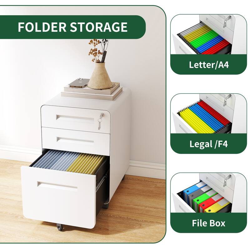 3-Drawer Mobile File Cabinet with Lock, All-Steel Metal Storage Cabinet on Casters, for Home & Office, Holds A4/Letter Files
