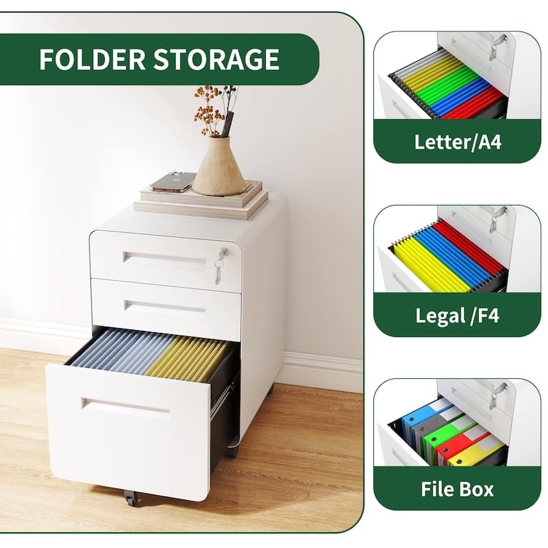 Modern 3-Drawer Wide Mobile File Cabinet with Lock and 4 Swivel Casters, for Office and Home Use, White