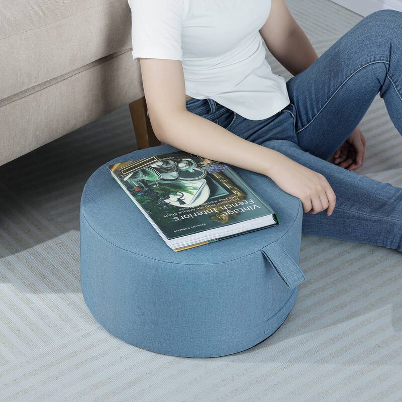 Adeco Linen Round Ottoman Footrest with Handle