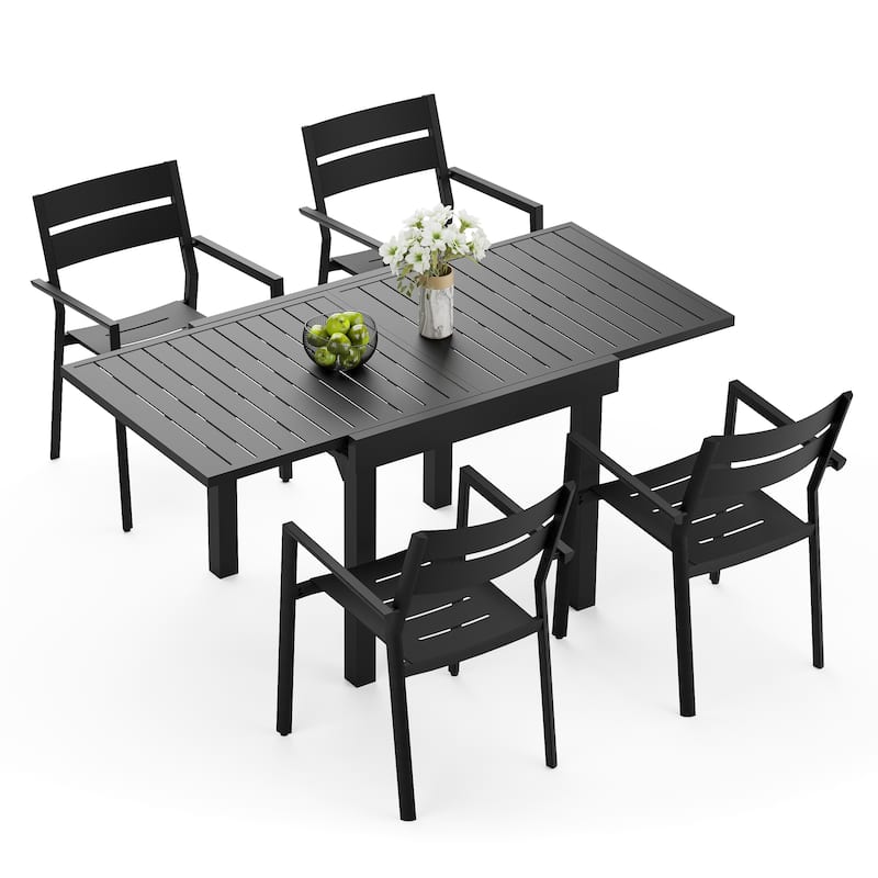 5/7/11 Piece Set Outdoor Dining Set Aluminum Patio Expandable Table with Stackable Chairs - Black - Set of 5