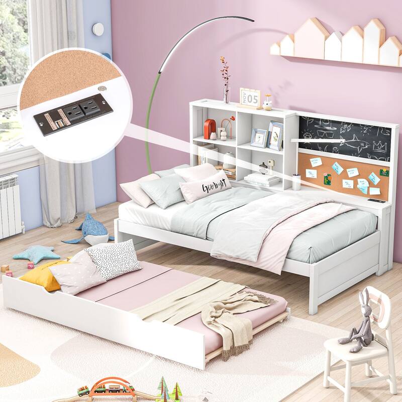 Full or Twin Size Daybed with Built-in Storage, Corkboard, USB Charging Ports, and Trundle