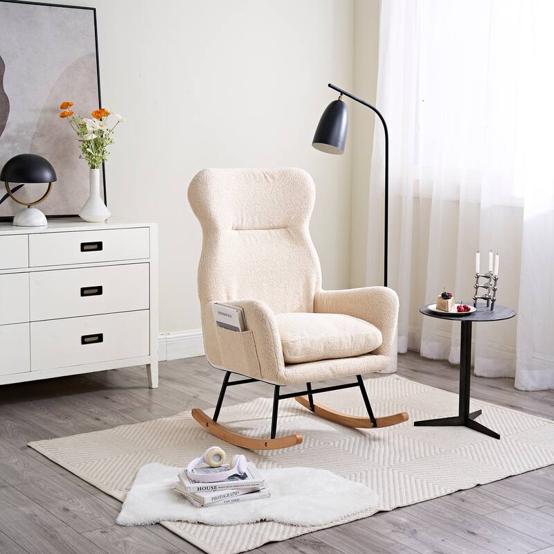Beige 29.1" High Back Rocking Chair with Side Pocket