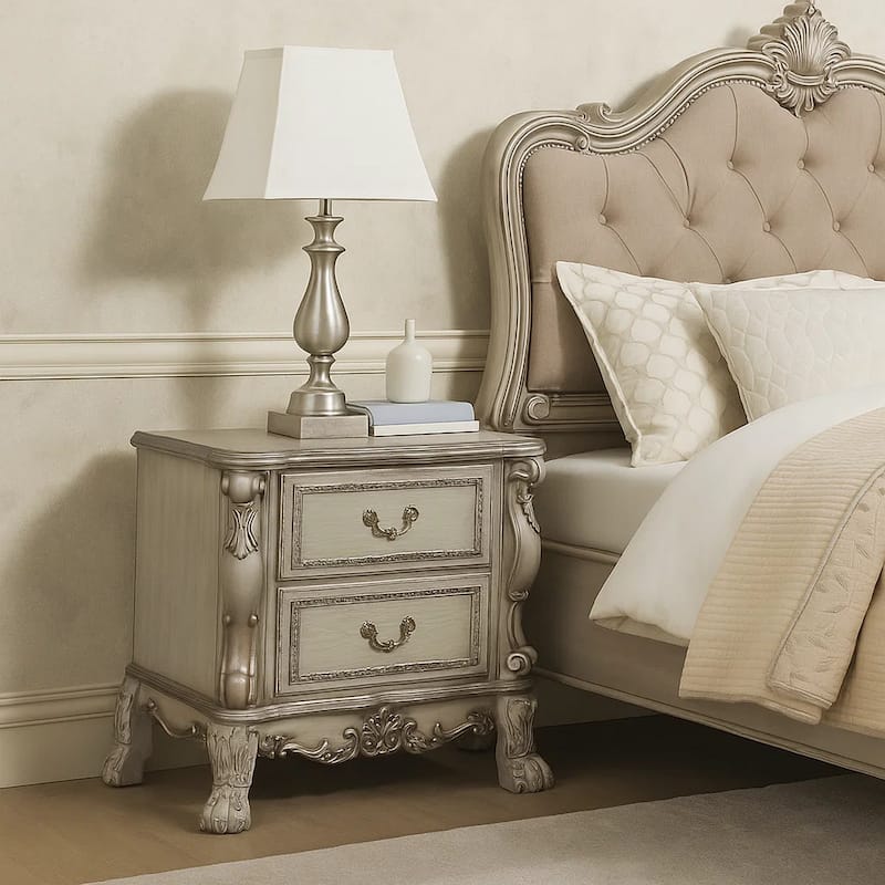 Traditional Wooden Nightstand with 2 Drawers and Carved Details, Silver