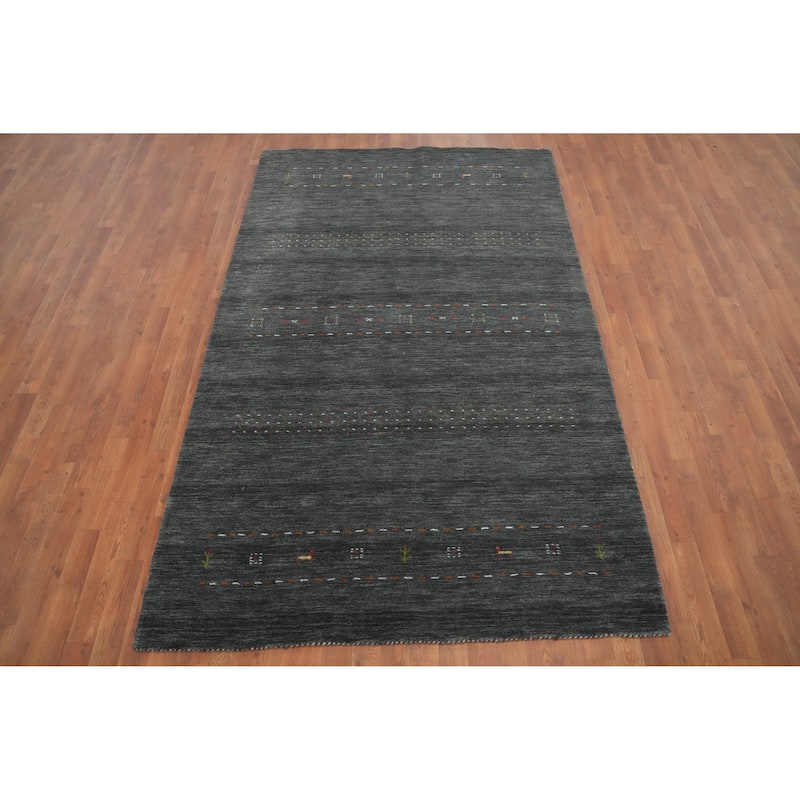 Hand Knotted Oriental 100% Wool Carpet Tribal Animal Pictorial Greys & Charcoal Gabbeh Area Rug - 8' 2'' X 5' 2''