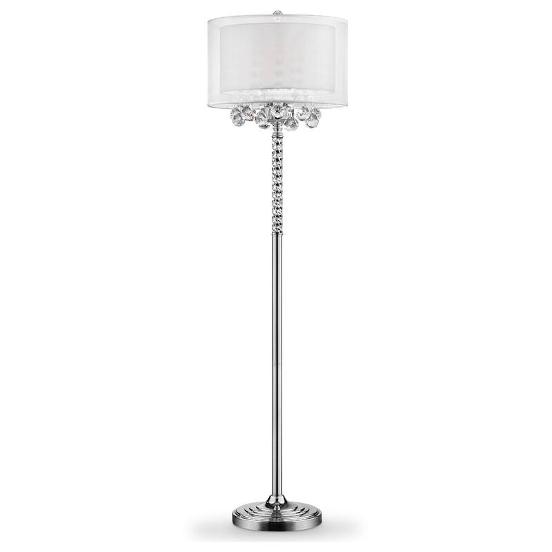 Silver Metal Candelabra Floor Lamp with White Fabric Drum Shades and Inline Switch - 17” x 17” x 62.5” (D x W x H)