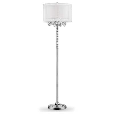 Silver Metal Candelabra Floor Lamp with White Fabric Drum Shades and Inline Switch - 17” x 17” x 62.5” (D x W x H)
