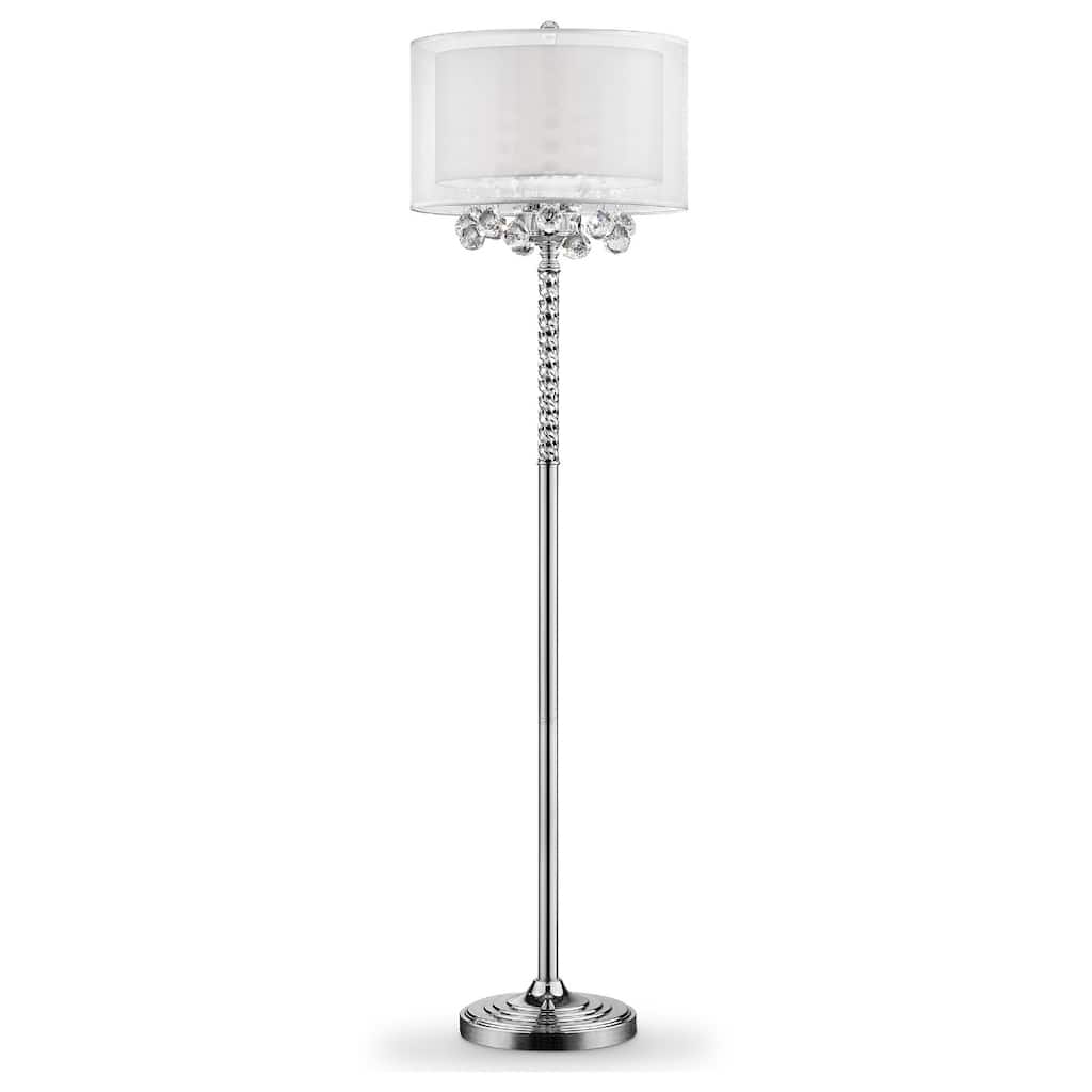 Silver Metal Candelabra Floor Lamp with White Fabric Drum Shades and Inline Switch - 17” x 17” x 62.5” (D x W x H)
